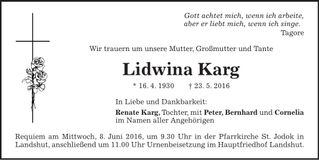 Traueranzeige Lidwina Karg