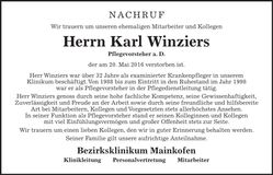 Traueranzeige Karl Winziers