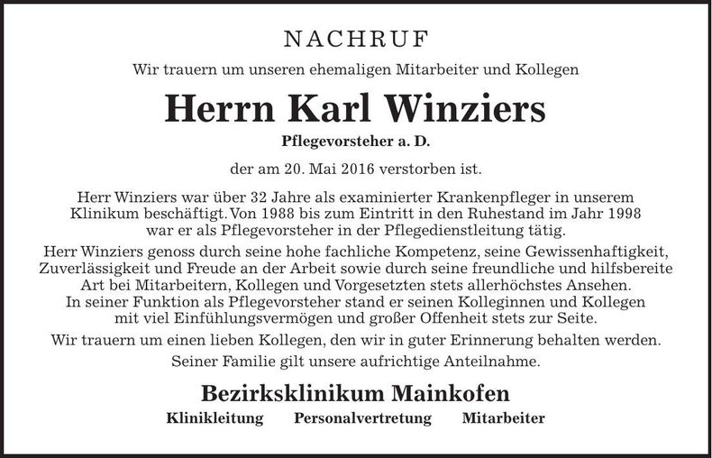 Traueranzeige Karl Winziers