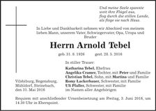 Traueranzeige Arnold Tebel