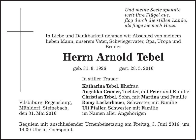 Traueranzeige Arnold Tebel