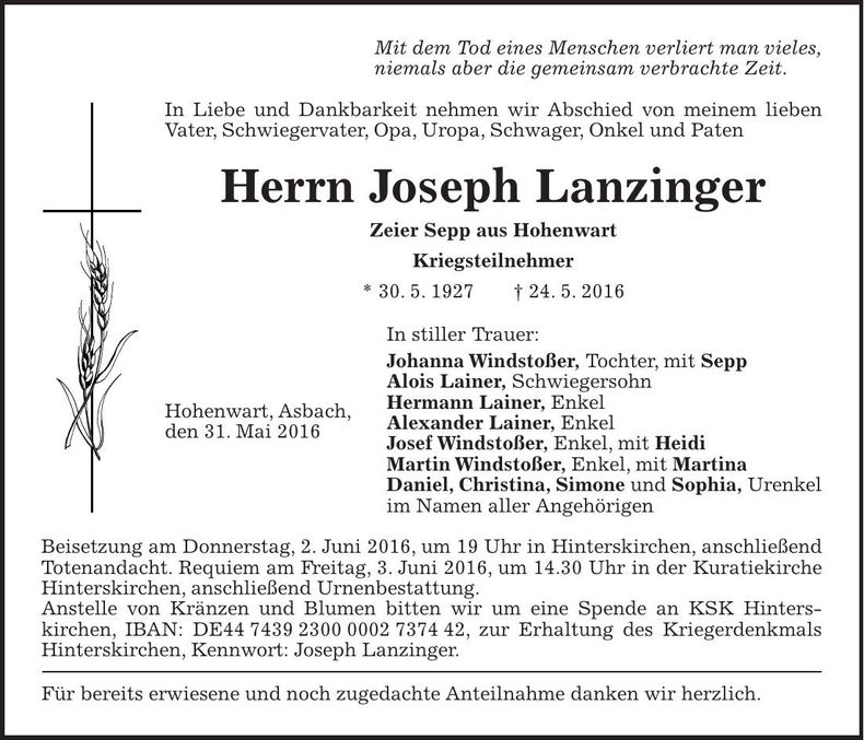 Traueranzeige Joseph Lanzinger