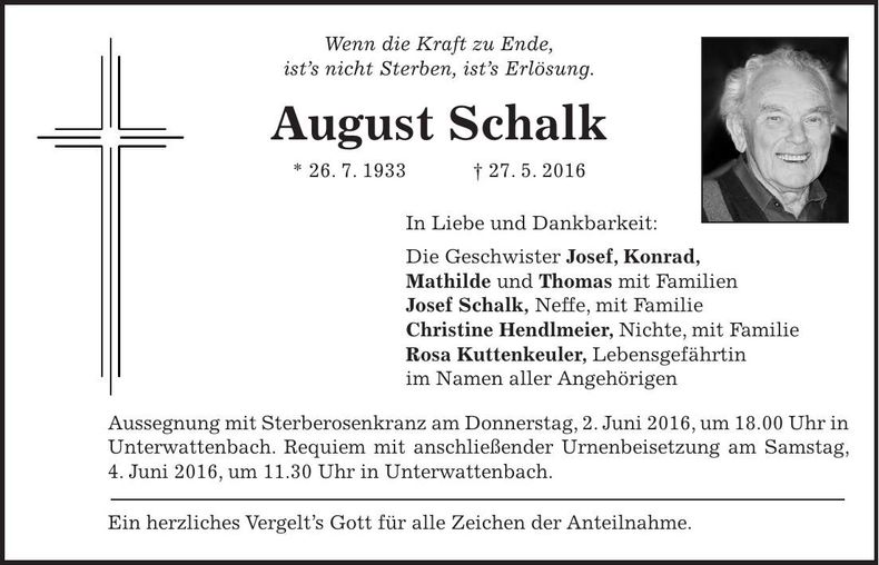 Traueranzeige August Schalk