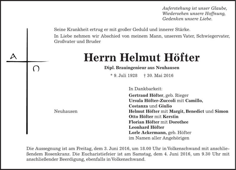 Traueranzeige Helmut Höfter
