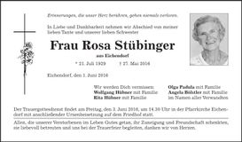 Traueranzeige Rosa Stübinger