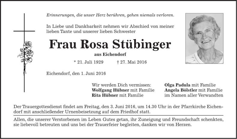 Traueranzeige Rosa Stübinger