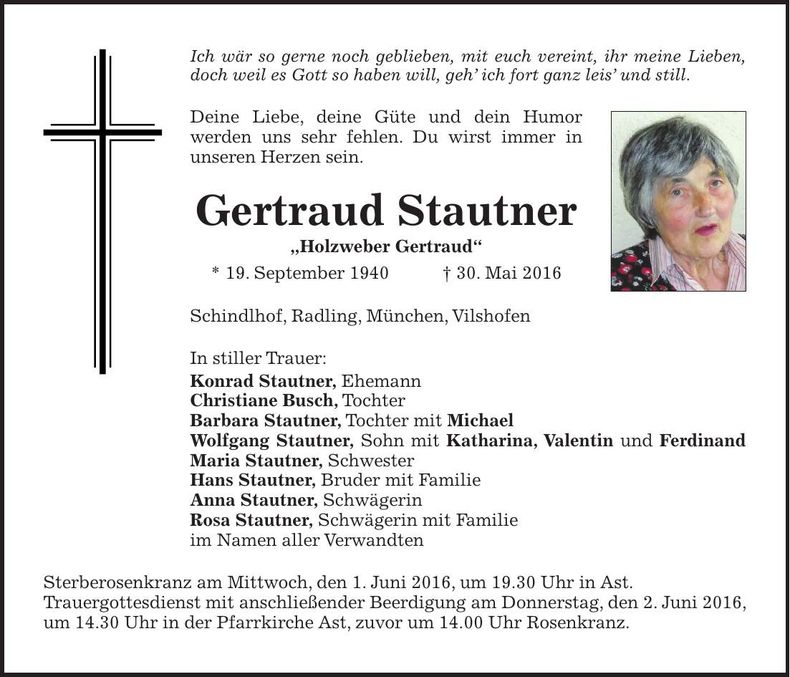 Traueranzeige Gertraud Stautner