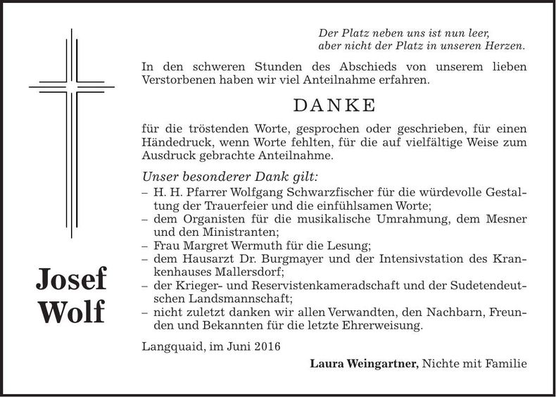Traueranzeige Josef Wolf