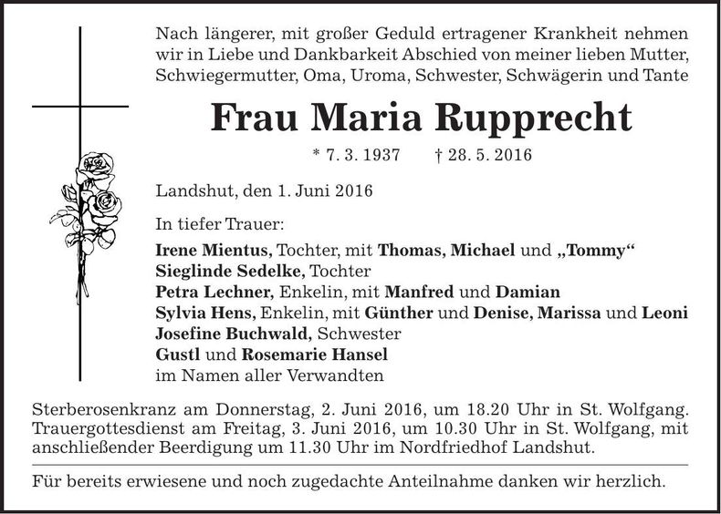 Traueranzeige Maria Rupprecht