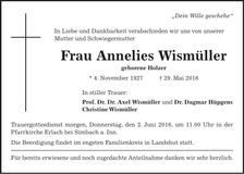 Traueranzeige Annelies Wismüller