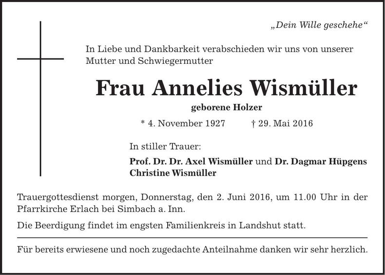 Traueranzeige Annelies Wismüller
