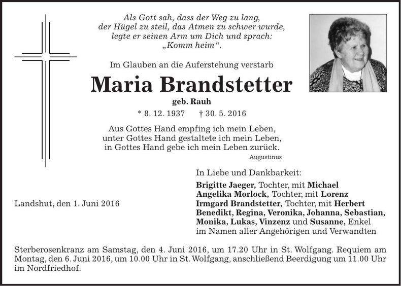 Traueranzeige Maria Brandstetter