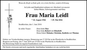 Traueranzeige Maria Leidl