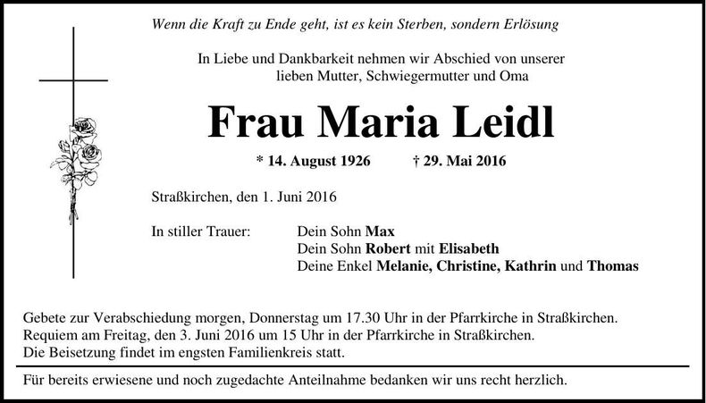 Traueranzeige Maria Leidl