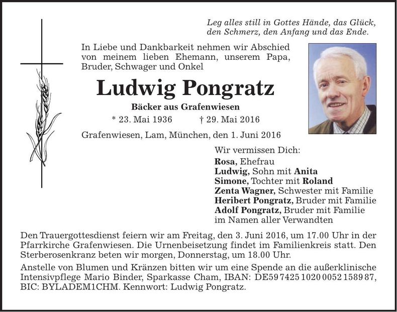 Traueranzeige Ludwig Pongratz