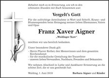 Traueranzeige Franz Xaver Aigner