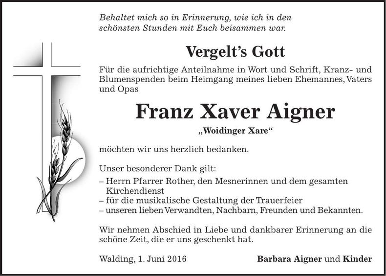 Traueranzeige Franz Xaver Aigner