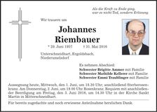 Traueranzeige Johannes Riembauer