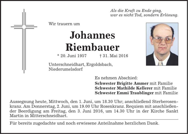 Traueranzeige Johannes Riembauer