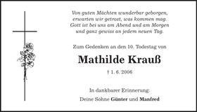 Traueranzeige Mathilde Krauß