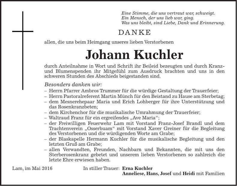 Traueranzeige Johann Kuchler