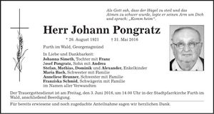 Traueranzeige Johann Pongratz