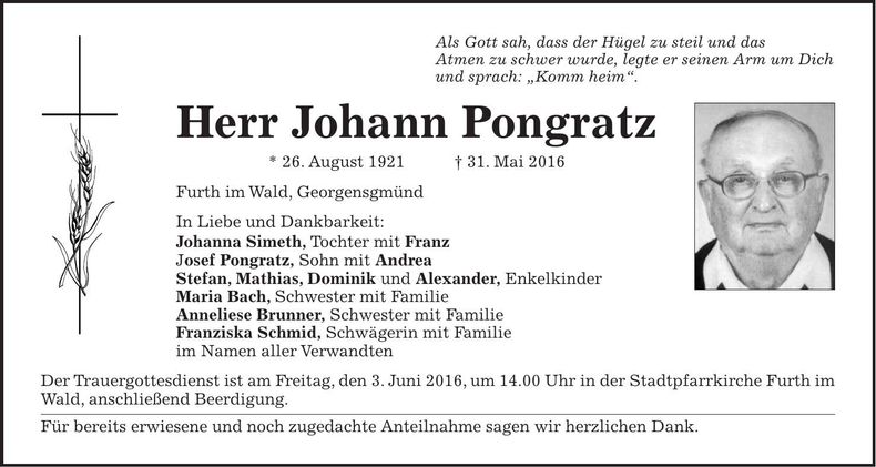 Traueranzeige Johann Pongratz
