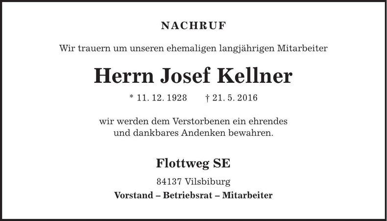 Traueranzeige Josef Kellner