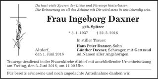 Traueranzeige Ingeborg Daxner