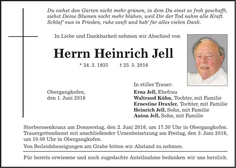 Traueranzeige Heinrich Jell
