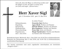 Traueranzeige Xaver Sigl