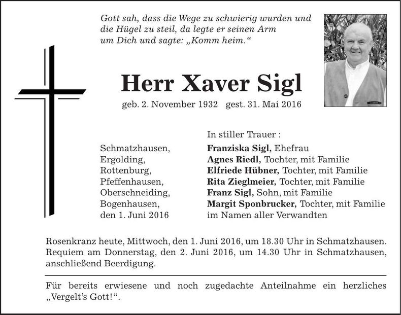 Traueranzeige Xaver Sigl