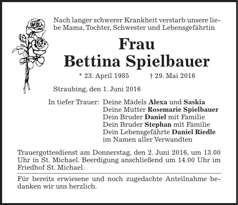 Traueranzeige Bettina Spielbauer