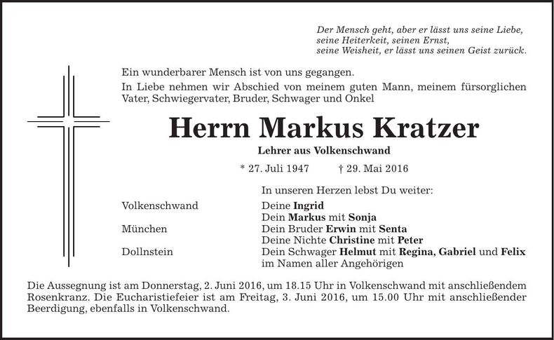 Traueranzeige Markus Kratzer