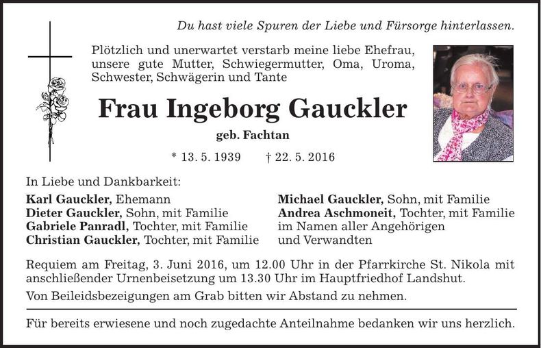 Traueranzeige Ingeborg Gauckler