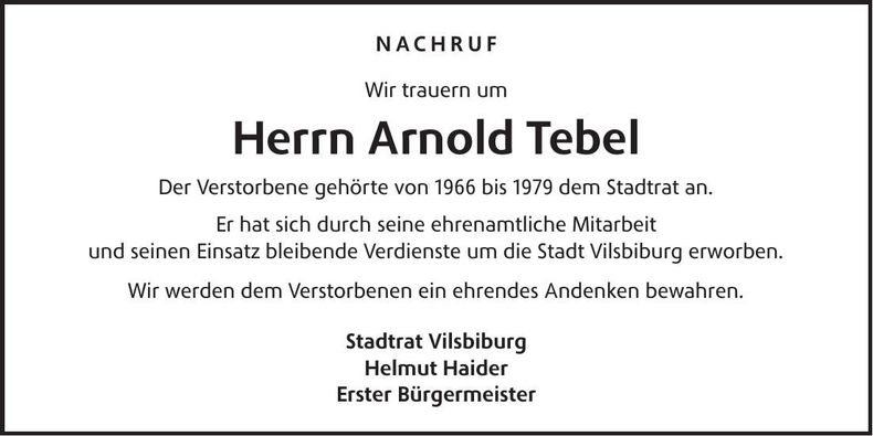 Traueranzeige Arnold Tebel