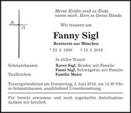 Traueranzeige Fanny Sigl