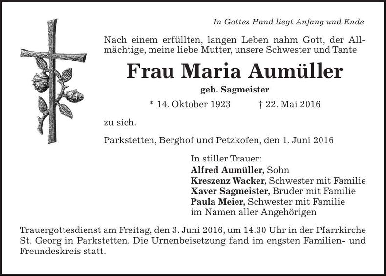 Traueranzeige Maria Aumüller