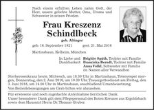 Traueranzeige Kreszenz Schindlbeck