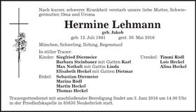Traueranzeige Lehmann Hermine