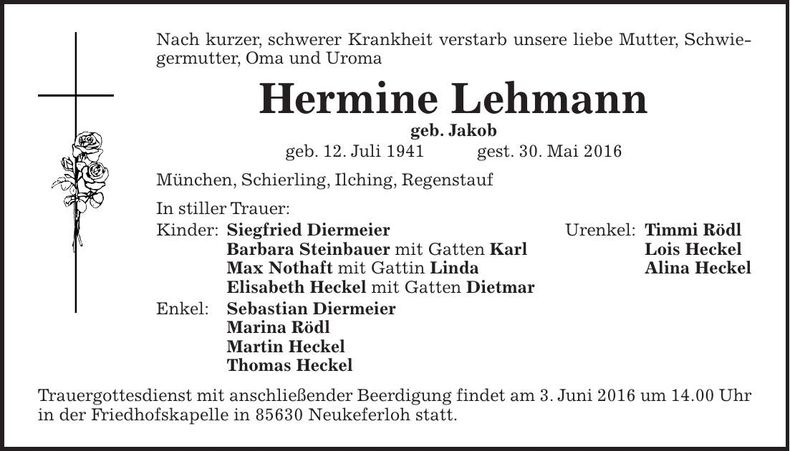 Traueranzeige Lehmann Hermine