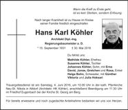 Traueranzeige Hans Karl Köhler