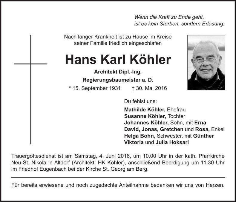 Traueranzeige Hans Karl Köhler