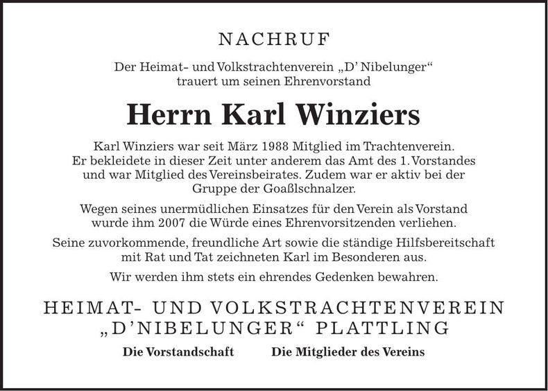 Traueranzeige Karl Winziers