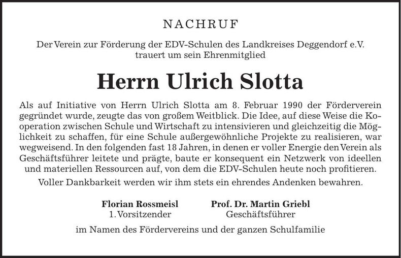 Traueranzeige Ulrich Slotta