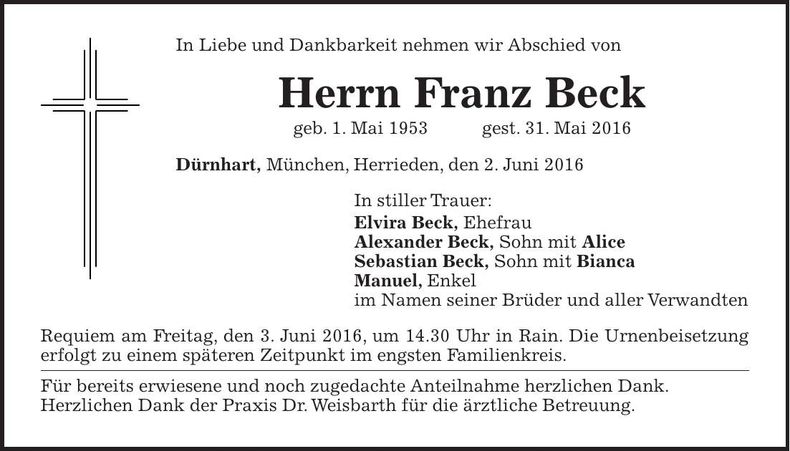 Traueranzeige Franz Beck
