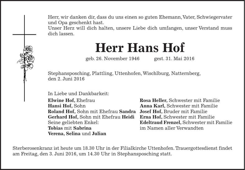 Traueranzeige Elwine Hof