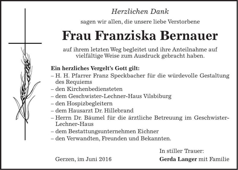 Traueranzeige Franziska Bernauer