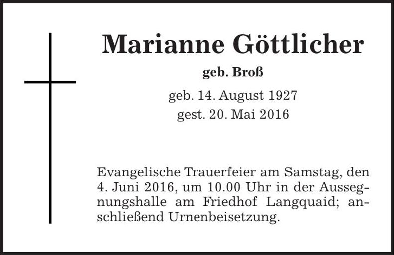 Traueranzeige Marianne Göttlicher