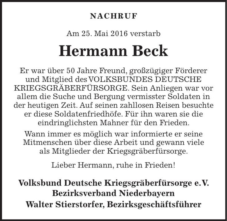 Traueranzeige Hermann Beck